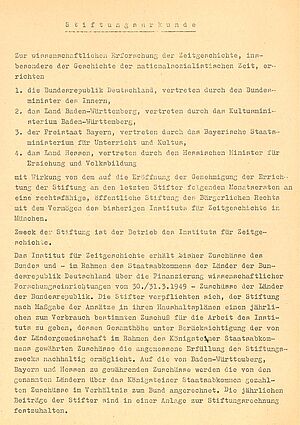 Stiftungsurkunde vom 20. September 1961 (IfZ-Archiv, ID 8/43)